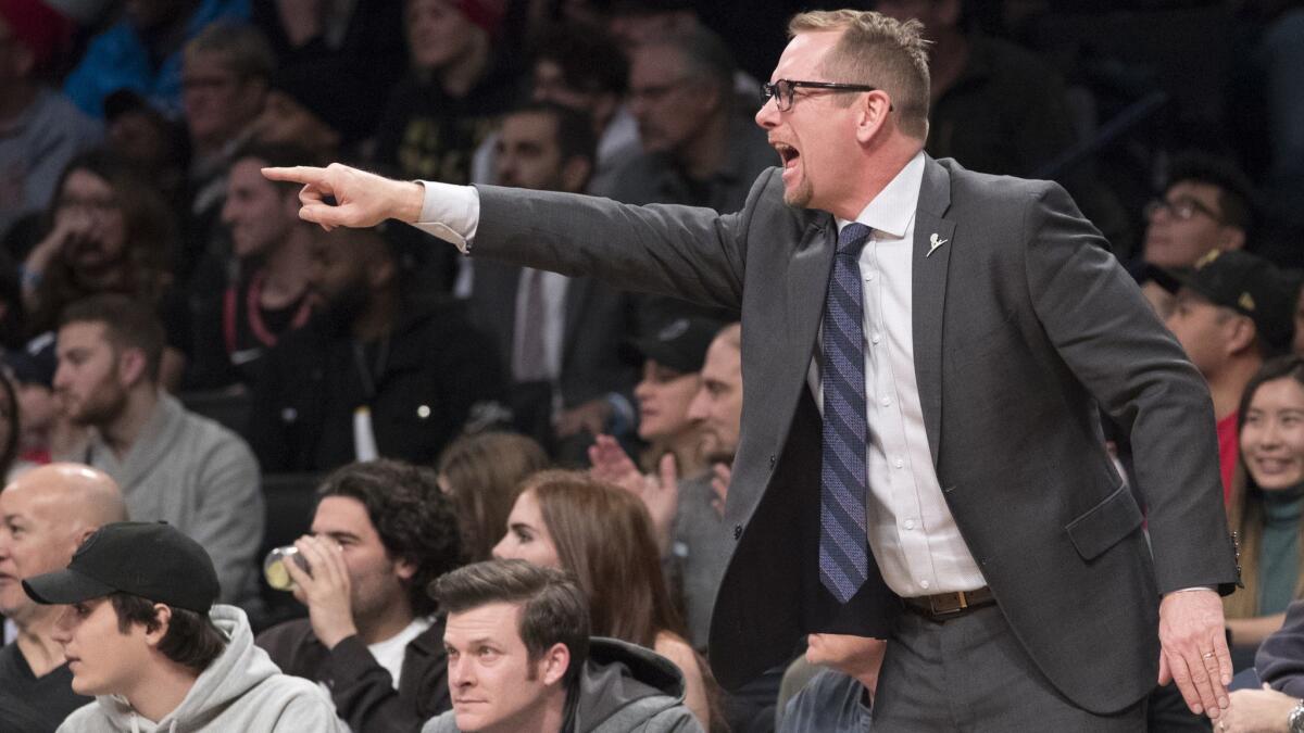 Toronto Raptors head coach Nick Nurse reacts during overtime against the Brooklyn Nets on Friday in New York.