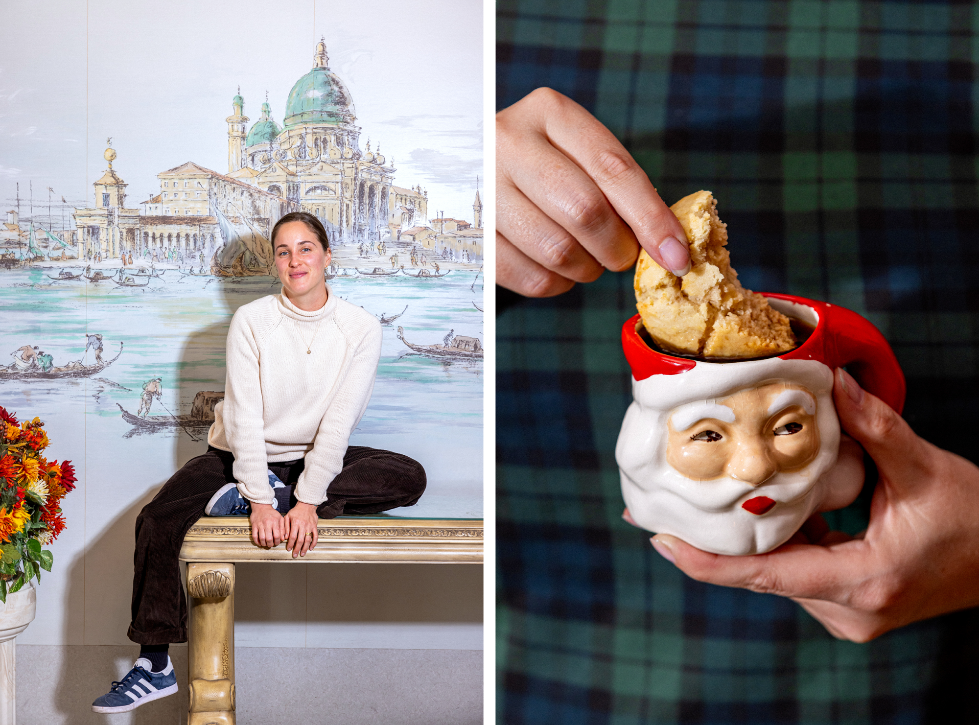 A woman seated in front of a mural of Venice, Italy; a hand dipping a cookie into a Santa head mug