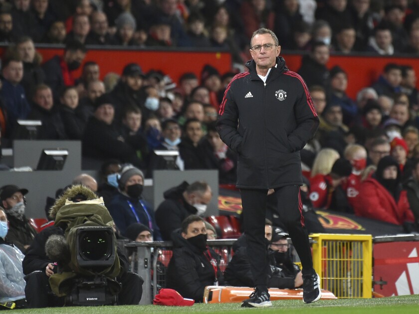 Manchester United's manager Ralf Rangnick reacts during the English Premier League soccer match between Manchester United and Burnley at Old Trafford in Manchester, England, Thursday, Dec. 30, 2021. (AP Photo/Rui Vieira)