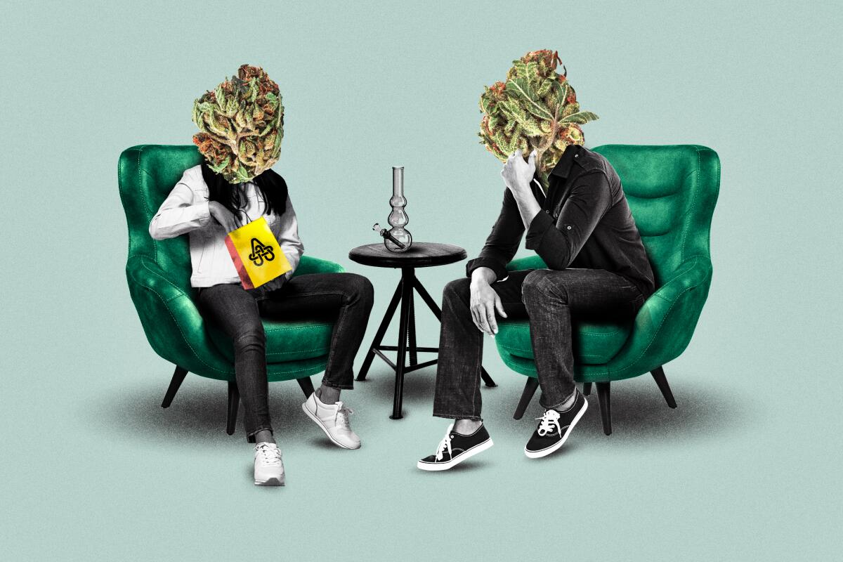 A photo illustration of two people sitting in lounge chairs with a bong Their heads are replaced with buds of cannabis.