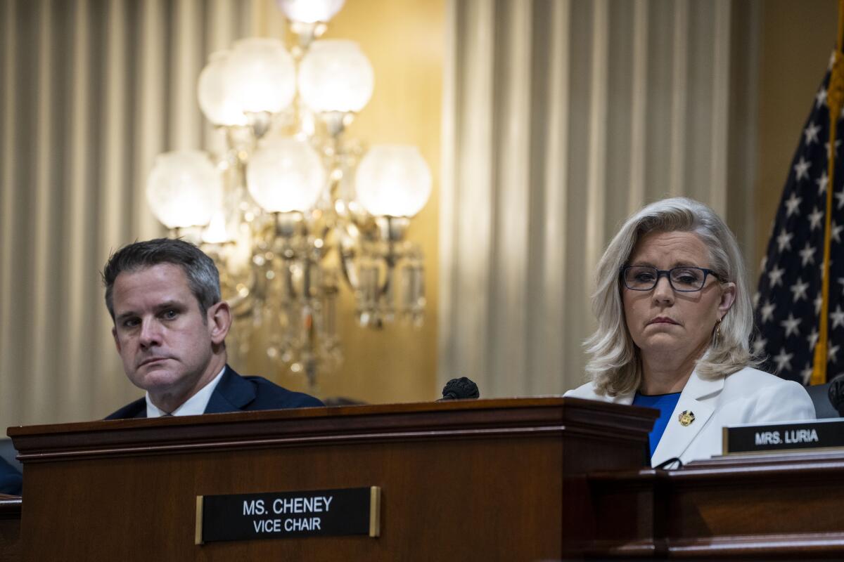 Reps. Adam Kinzinger and Liz Cheney listen during a House Jan. 6 committee hearing on July 21. 
