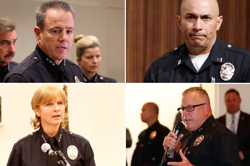 The list of candidates to be the new LAPD chief include: clockwise from top left, Assistant Chief Michel Moore, Deputy Chief Robert Arcos, Deputy Chief Phil Tingirides and former Assistant Chief Sandy Jo MacArthur.