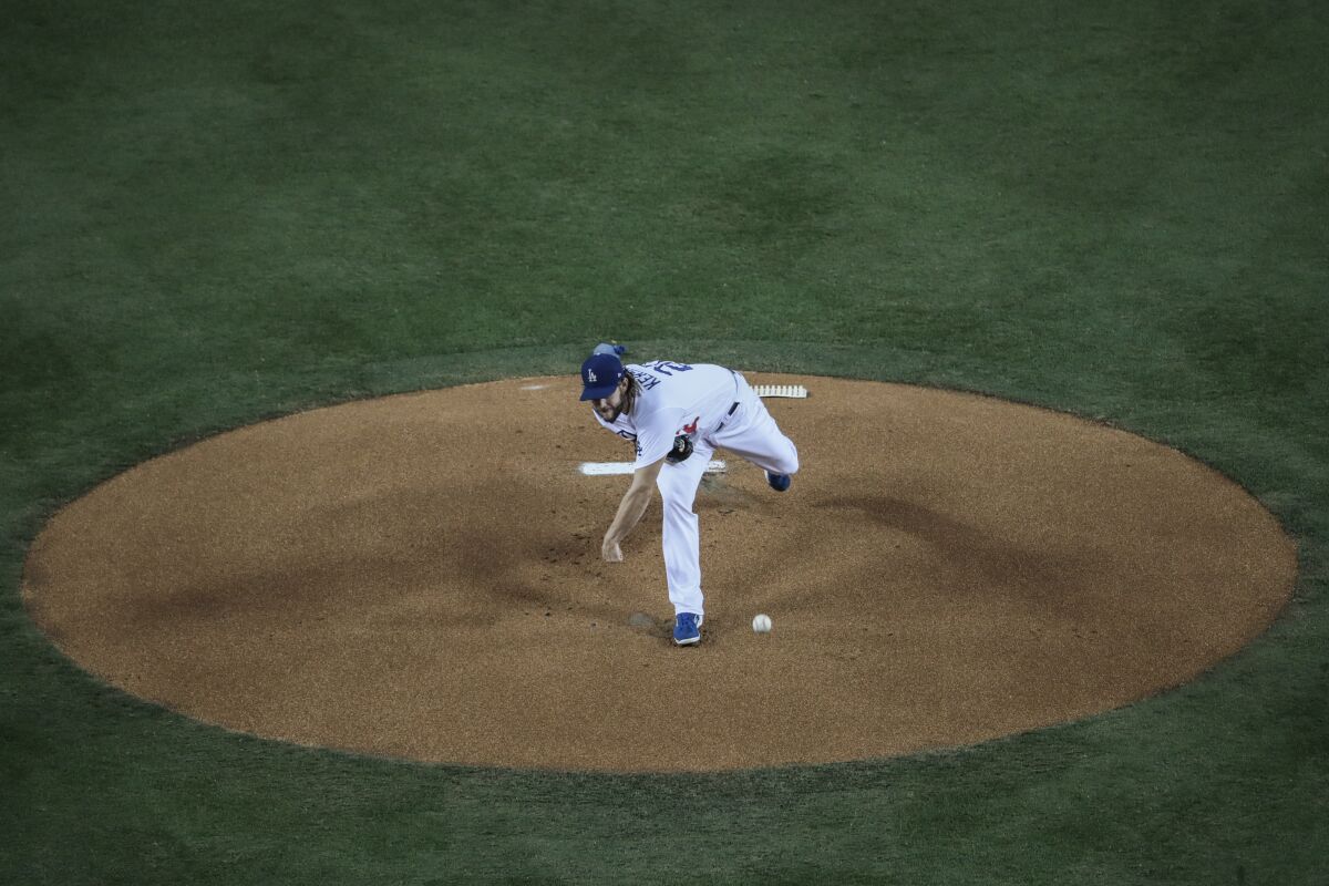 Dodgers starting pitcher Clayton Kershaw delivers during the first inning of Game 2.
