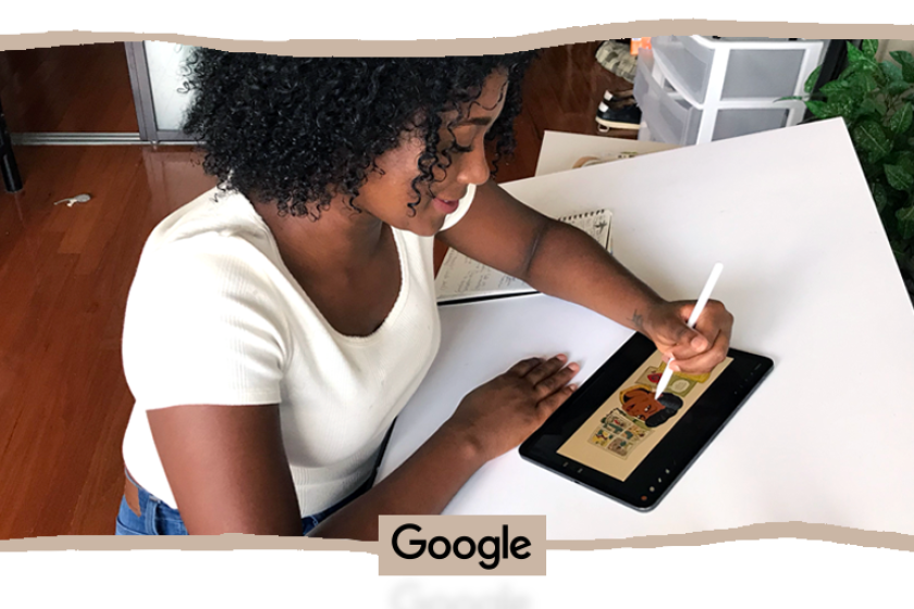 Illustrator Liz Montague sketches today's Google doodle, dedicated to Black female cartoonist Jackie Ormes.