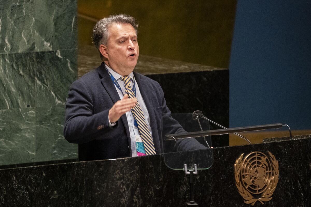 Sergiy Kyslytsya, Ukraine's ambassador to the U.N., gestures while speaking