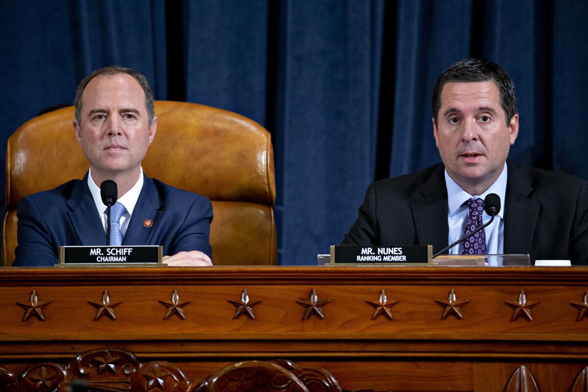 House Intelligence Committee leaders Adam B. Schiff (D-Burbank) and Devin Nunes (R-Tulare)