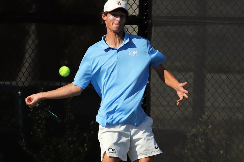 CdM's #1 singles Niels Hoffman during Corona Del Mar High School boys' tennis team play against University in the CIF Southern Section Open Division title in Redlands on Friday, May 10, 2024. (Photo by James Carbone)