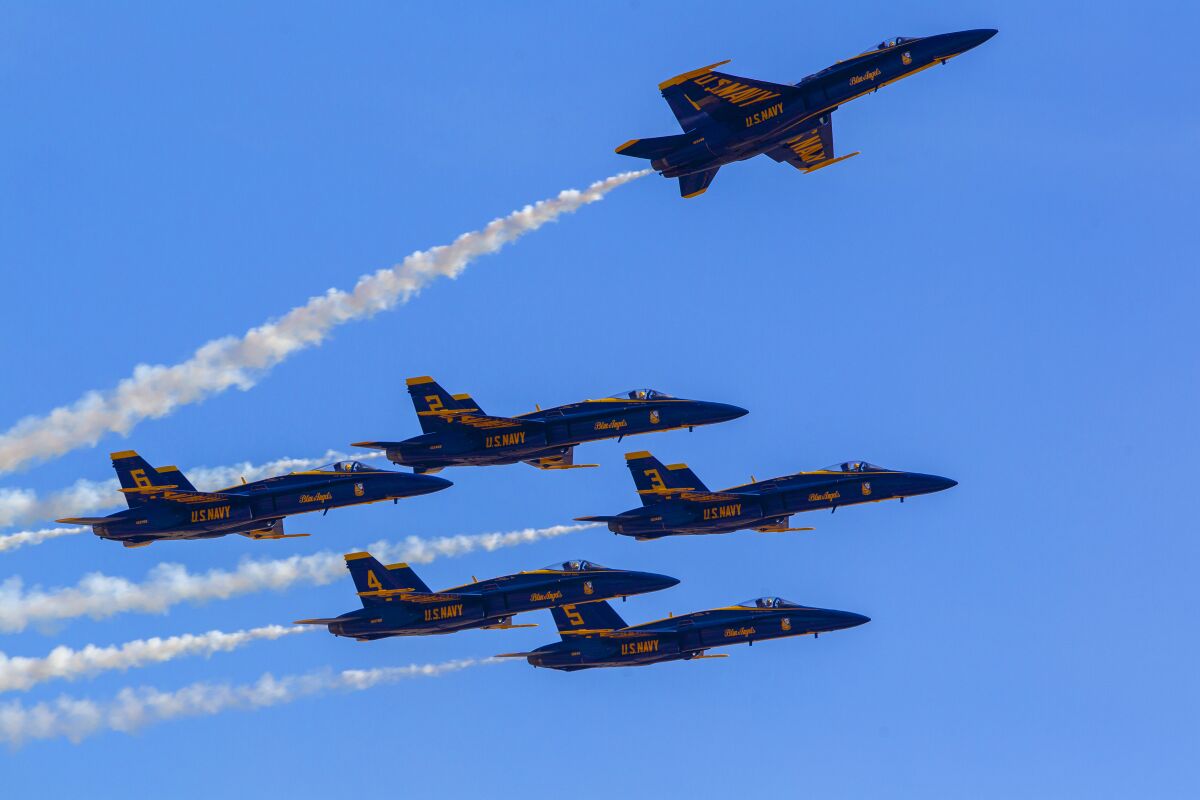 The Navy's Blue Angels flight demonstration during the 2019 MCAS Miramar Air Show.