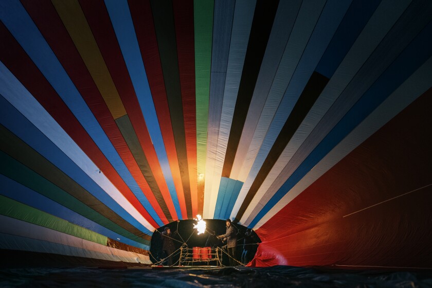 A colorful hot-air balloon in the movie "Balloon."