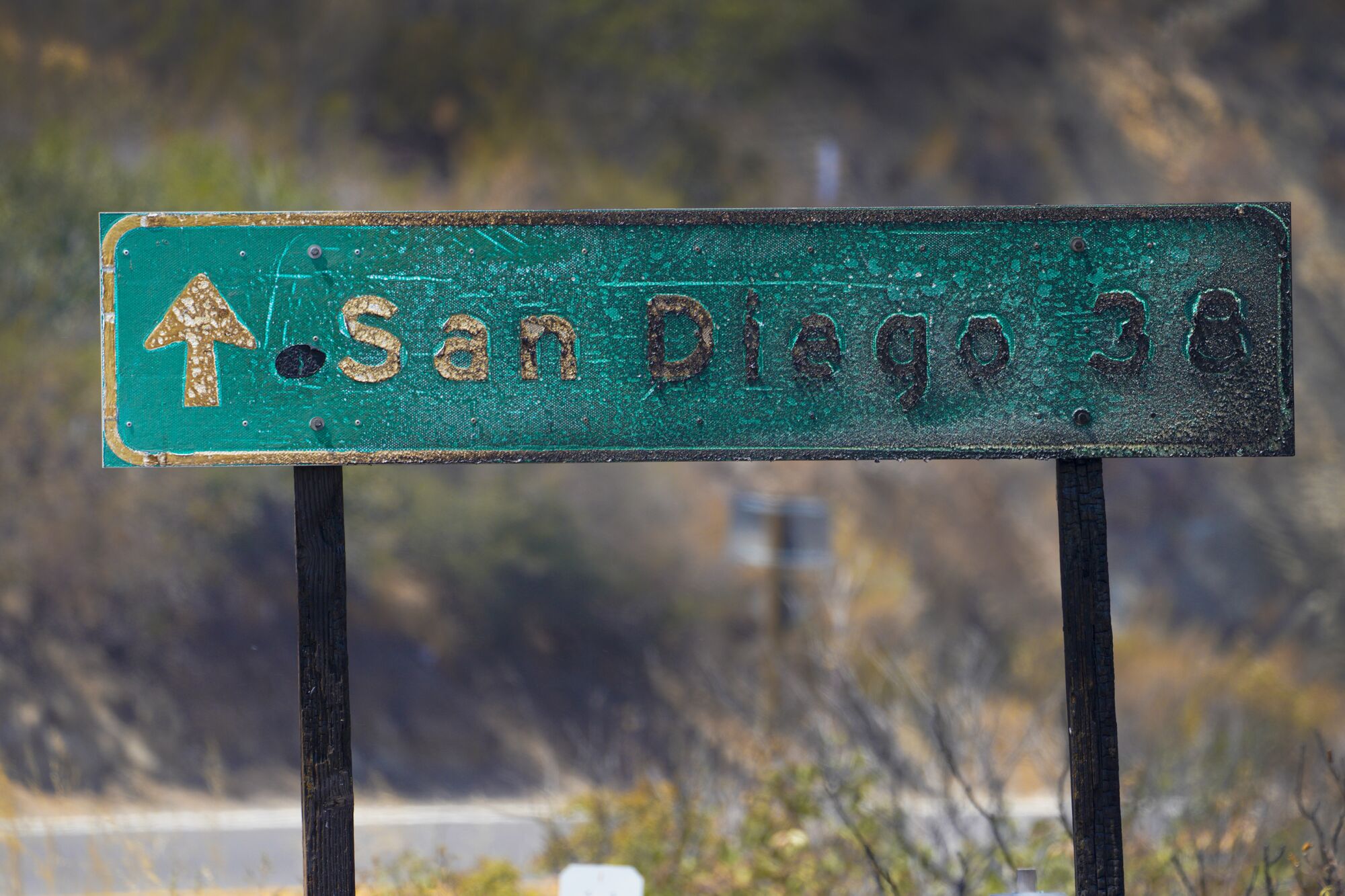 Un panneau routier noirci se lit "San-Diego : 38" avec une flèche.