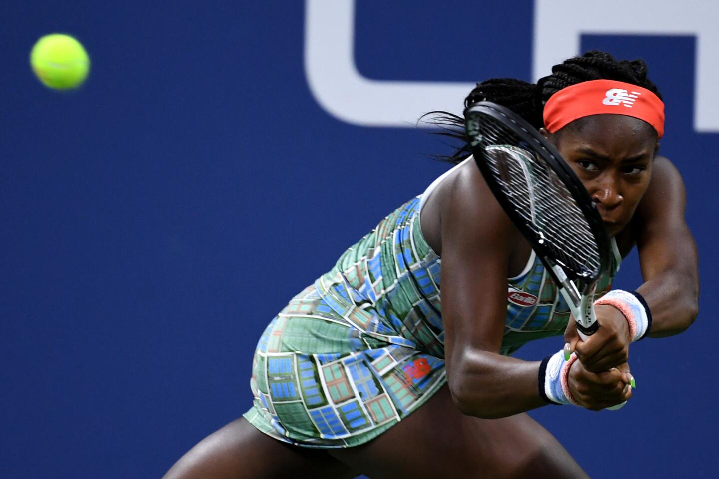 Coco Gauff returns a shot during her Women's Singles second round match against Timea Babos on Day 4 of the 2019 U.S. Open at the USTA Billie Jean King National Tennis Center on Aug.29, 2019, in Queens.