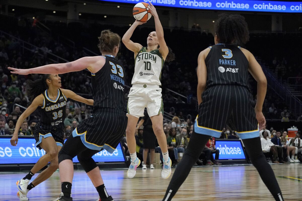 Seattle Storm guard Sue Bird (10) shoots against the Chicago Sky during the second half of a WNBA basketball game Wednesday, May 18, 2022, in Seattle. The Storm won 74-71. (AP Photo/Ted S. Warren)