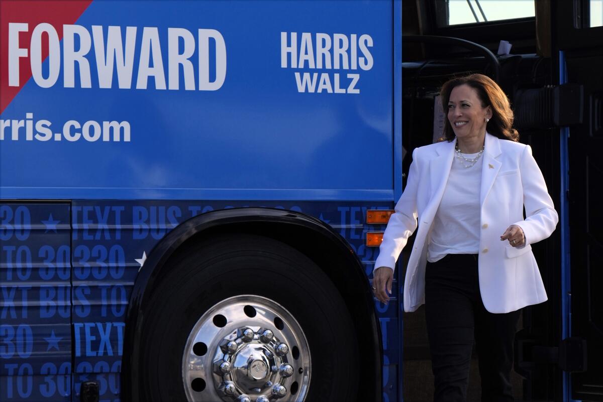 Vice President Kamala Harris steps off her campaign bus in Savannah, Ga., on Aug. 29.
