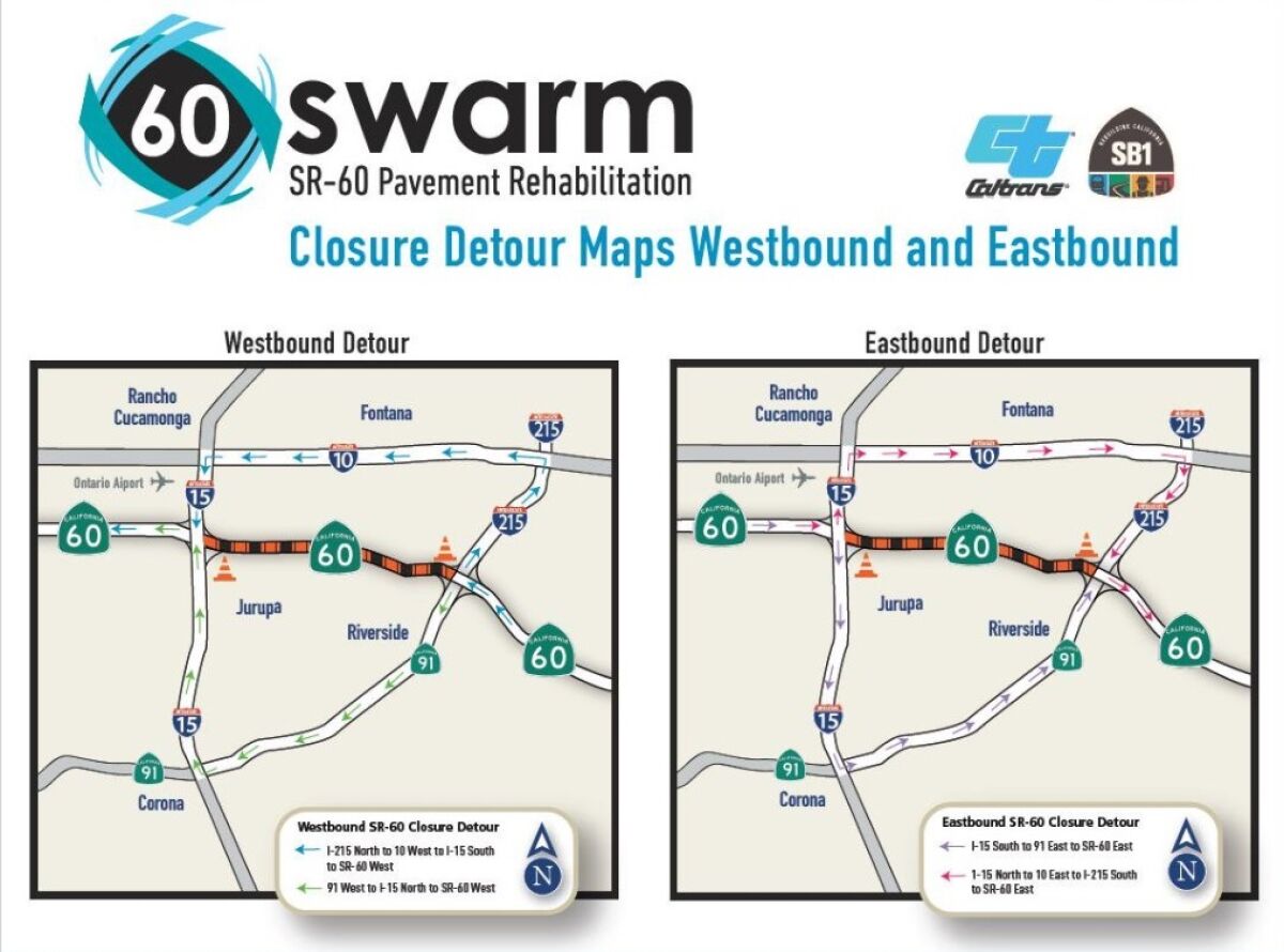 A map shows suggested detours while work continues on the 60 Freeway.