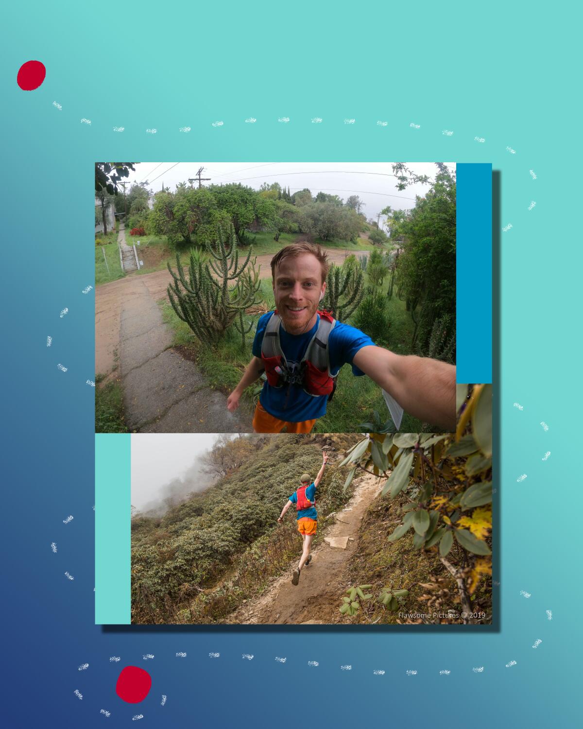 Two photos of Cameron Kruse, taking a selfie with plants and running up a hill.