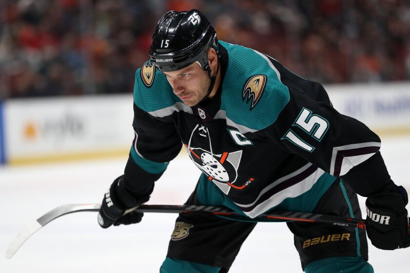 ANAHEIM, CALIFORNIA - APRIL 03: Ryan Getzlaf #15 of the Anaheim Ducks looks on at the faceoff circle during the third period of a game against the Calgary Flames at Honda Center on April 03, 2019 in Anaheim, California. (Photo by Sean M. Haffey/Getty Images)