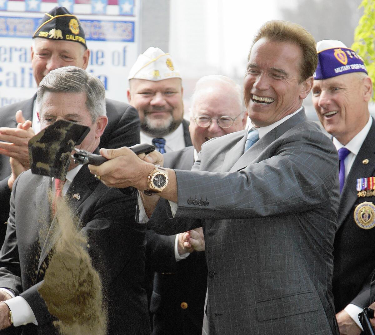 Gov. Arnold Schwarzenegger at the groundbreaking for a veterans home in West L.A. in 2007; the home opened in 2010 and is still only half full, partly because it lacks a kitchen.