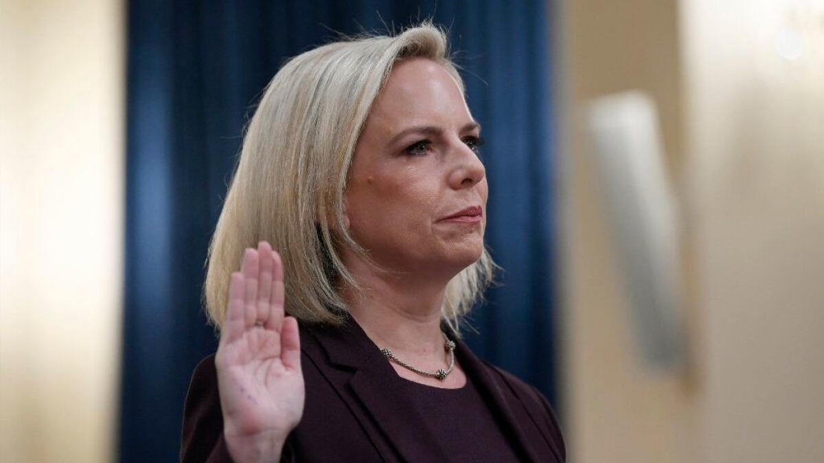 Secretary of Homeland Security Kirstjen Nielsen is sworn in to testify on Capitol Hill in Washington on March 6, 2019. Nielsen resigned on Sunday.