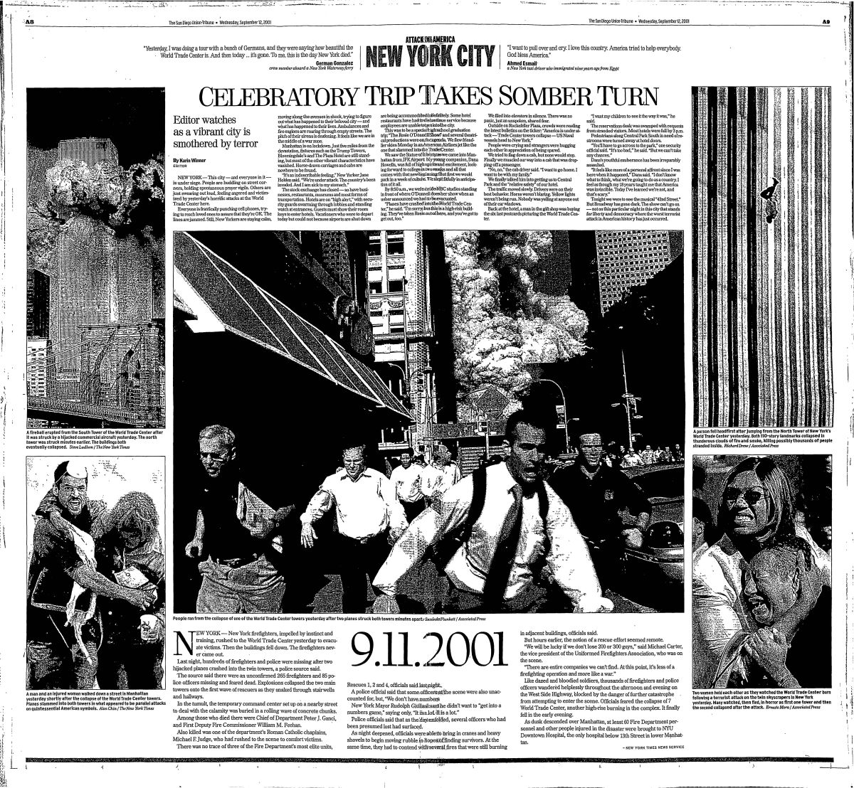 Two pages on New York City from The San Diego Union-Tribune Sept. 12, 2001.