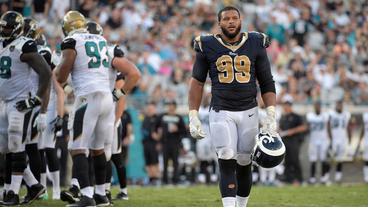 Los Angeles Rams defensive tackle Aaron Donald waits for a play during the second half of an NFL football game against the Jacksonville Jaguars on Oct. 15, 2017, in Jacksonville, Fla. The Rams won 27-17.