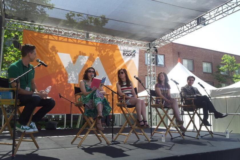 Moderator Aaron Hartzler, left, talks with young-adult writers Abby McDonald, Jessica Morgan, Heather Cocks and Paul Rudnick at the L.A. Times Festival of Books.