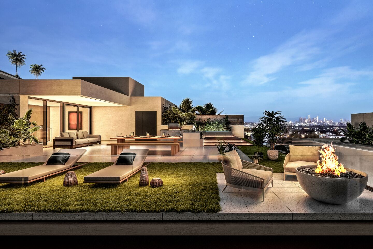 A rendering of the penthouse, with curated interiors and exterior amenities such as a private terrace and spa.