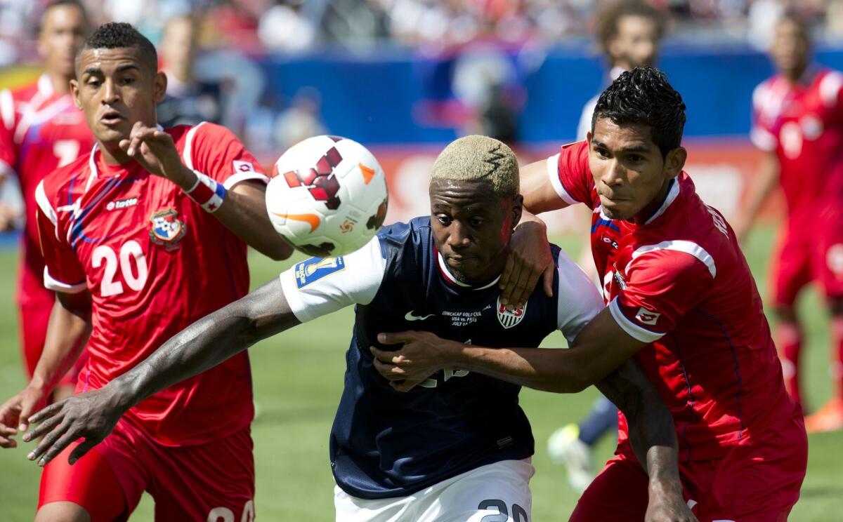 U.S. forward Eddie Johnson tries to get past Panama defender Carlos Rodriguez, right, during the CONCACAF Gold Cup final on Sunday in Chicago.