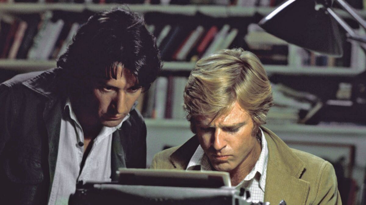 Robert Redford, right, and Dustin Hoffman as reporters Bob Woodward and Carl Bernstein, respectively, in the 1976 film "All the President's Men."