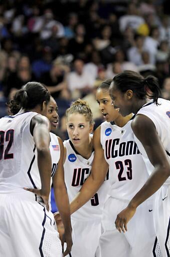 From left, UConn's Kalana Greene, Tiffany Hayes, Caroline Doty, Maya Moore and Tina Charles huddle up during the first round of the women's basketball NCAA Tournament at the Ted Constant Convocation Center at Old Dominion University in Norfolk, Va.