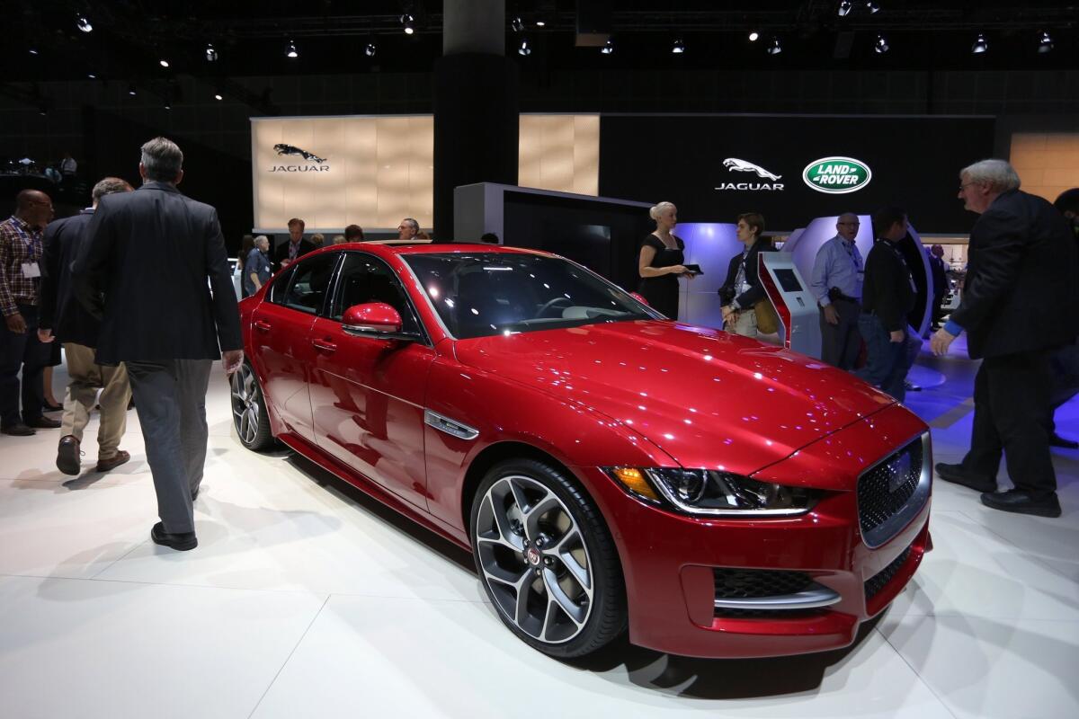 Cars and auto parts are among Britain¿s top exports to California. Above, the Jaguar XE is presented at the 2015 Los Angeles Auto Show.