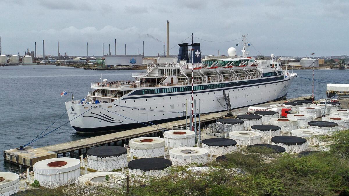 The Scientology cruise ship Freewinds is anchored in Willemstad, Curacao, last week, quarantined because of a measles case.