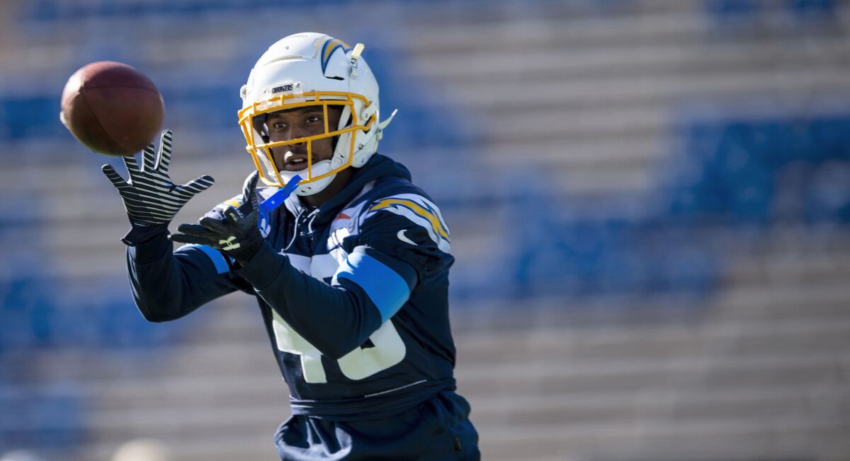 Chargers cornerback Michael Davis catches a pass in practice.