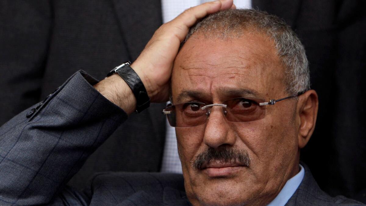Yemeni President Ali Abdullah Saleh attends a rally with his supporters in Sana on April 8, 2011.