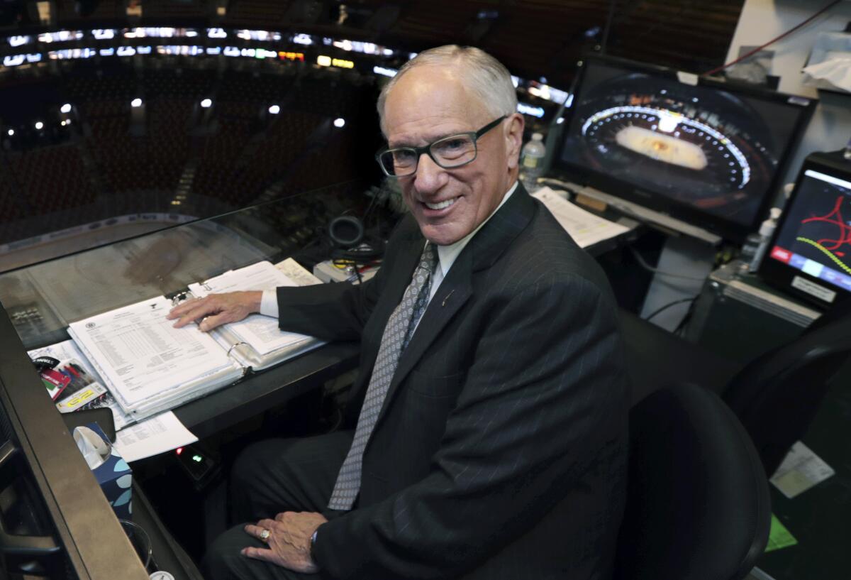 Mike "Doc" Emrick prepares to call Game 2 of the 2019 Stanley Cup Final.