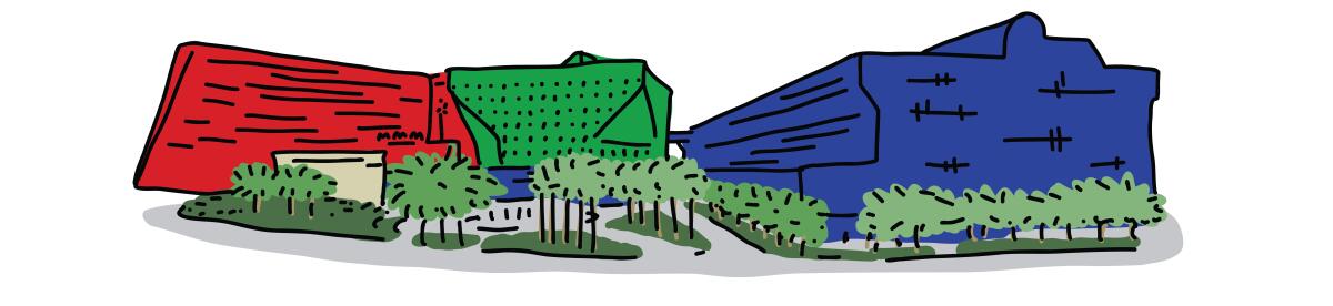 Illustration of the Pacific Design Center's buildings, red, green and blue.