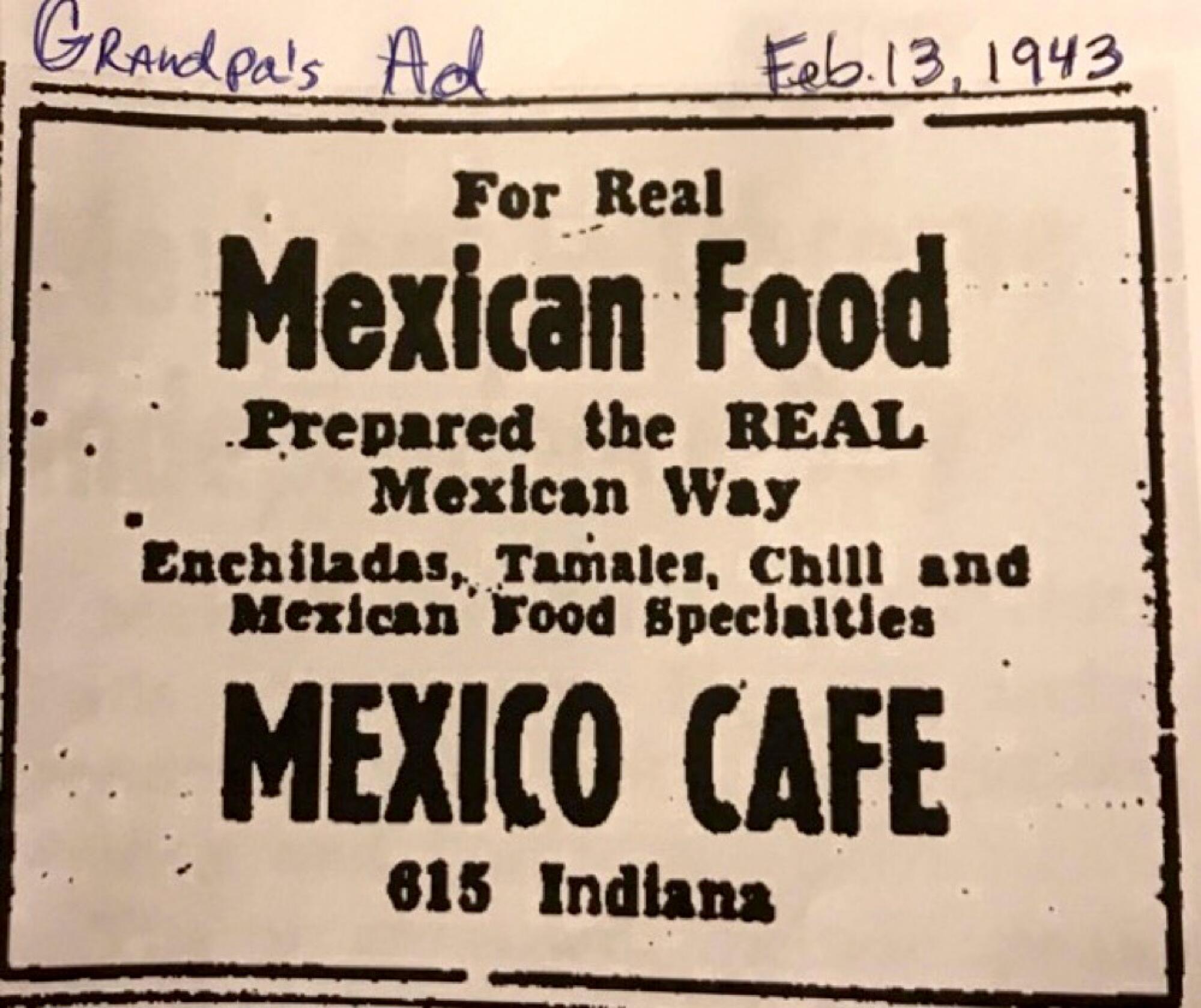 An old restaurant ad with handwriting on it. 
