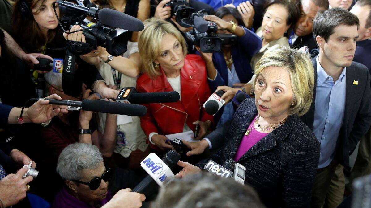 Hillary Clinton speaks to reporters after a round table discussion in New Hampshire in 2105.