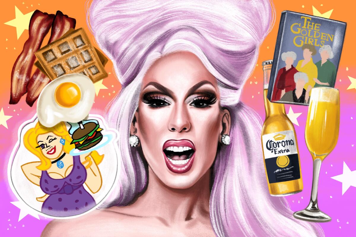 Drag queen Alaska with pink hair and diamond earrings surrounded by waffles, eggs, bacon, Corona Extra, a Golden Girls DVD