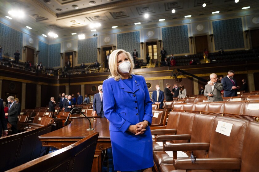 Rep. Liz Cheney, R-Wyo., arrives to the chamber ahead of President Joe Biden speaking to a joint session of Congress, Wednesday, April 28, 2021, in the House Chamber at the U.S. Capitol in Washington. (Melina Mara/The Washington Post via AP, Pool)