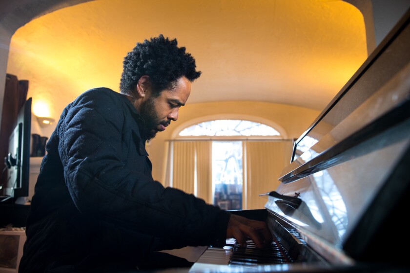 Producer and musician Terrace Martin, who is nominated for a Grammy Award for R&B album, plays piano at a house he calls "The Sound of Crenshaw Ranch."