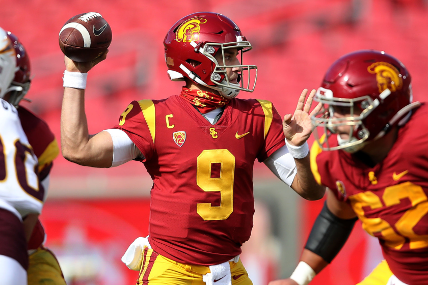 USC quarterback Kedon Slovis passes during the first half of a 28-27 win over Arizona State on Saturday.