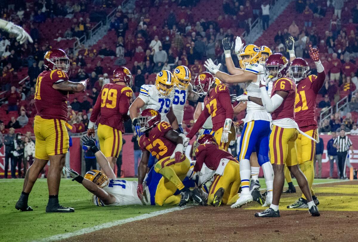 The Bears celebrate as Cal receiver Monroe Young scores.