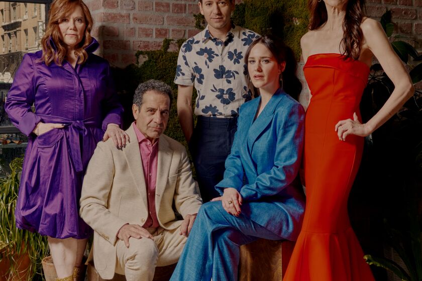 NEW YORK, NY - APR 13: (L-R) Alex Borstein, Tony Shalhoub, Michael Zegen, Rachel Brosnahan, and Marin Hinkle posing for a portrait at 1 Hotel Central Park in New York, NY on April 13, 2023. (Vincent Tullo / For The Times)