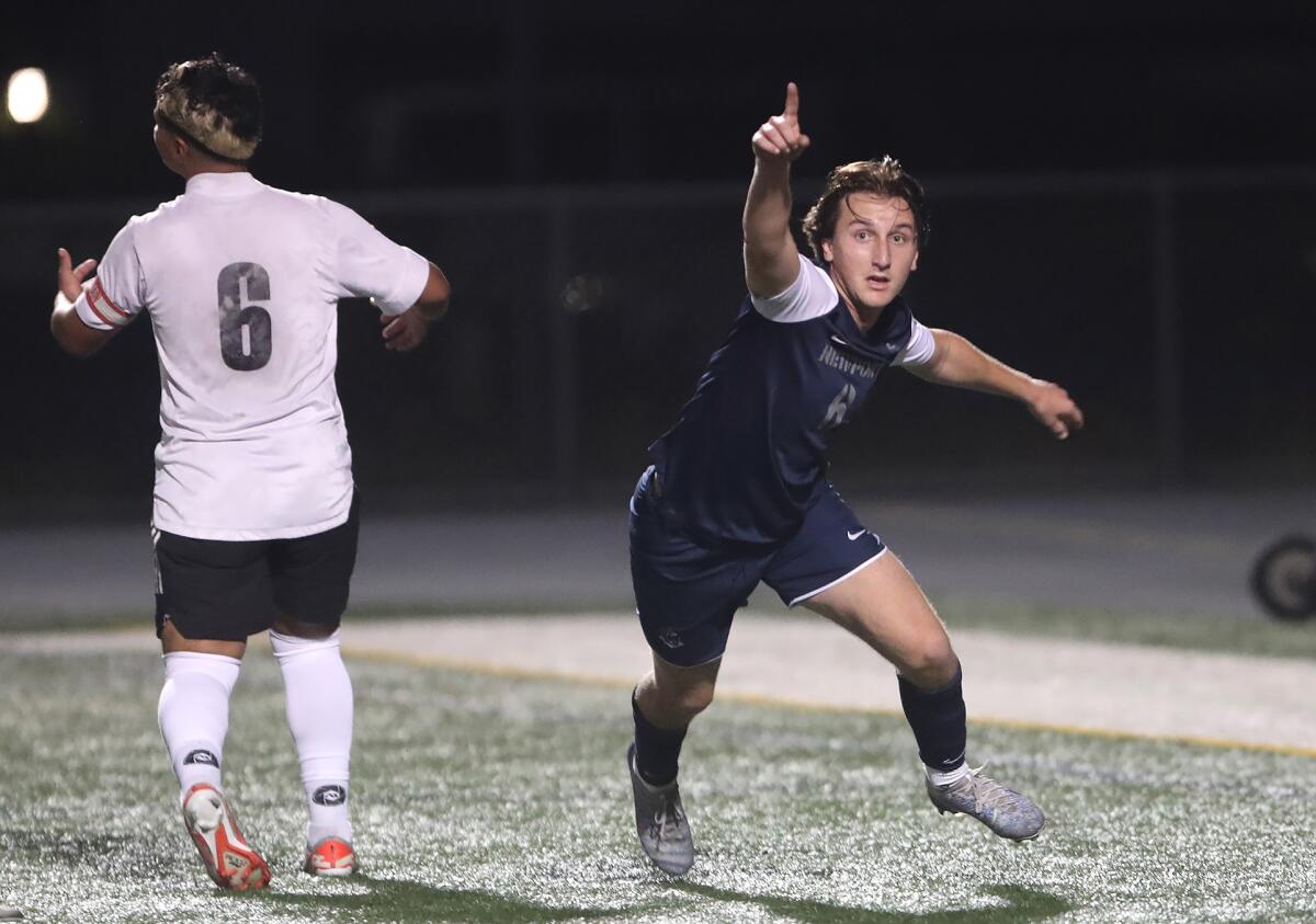 Newport Harbor's James Evans reacts to the equalizer goal he scored against Oxnard Pacifica.