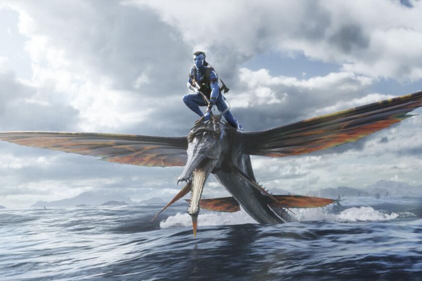 A CGI image of a blue man riding on the back of a winged creature over a body of water