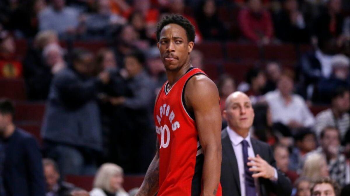 Raptors shooting guard DeMar DeRozan looks back at a referee after receiving his second technical foul and being ejected during a game against the Bulls on Feb. 14.