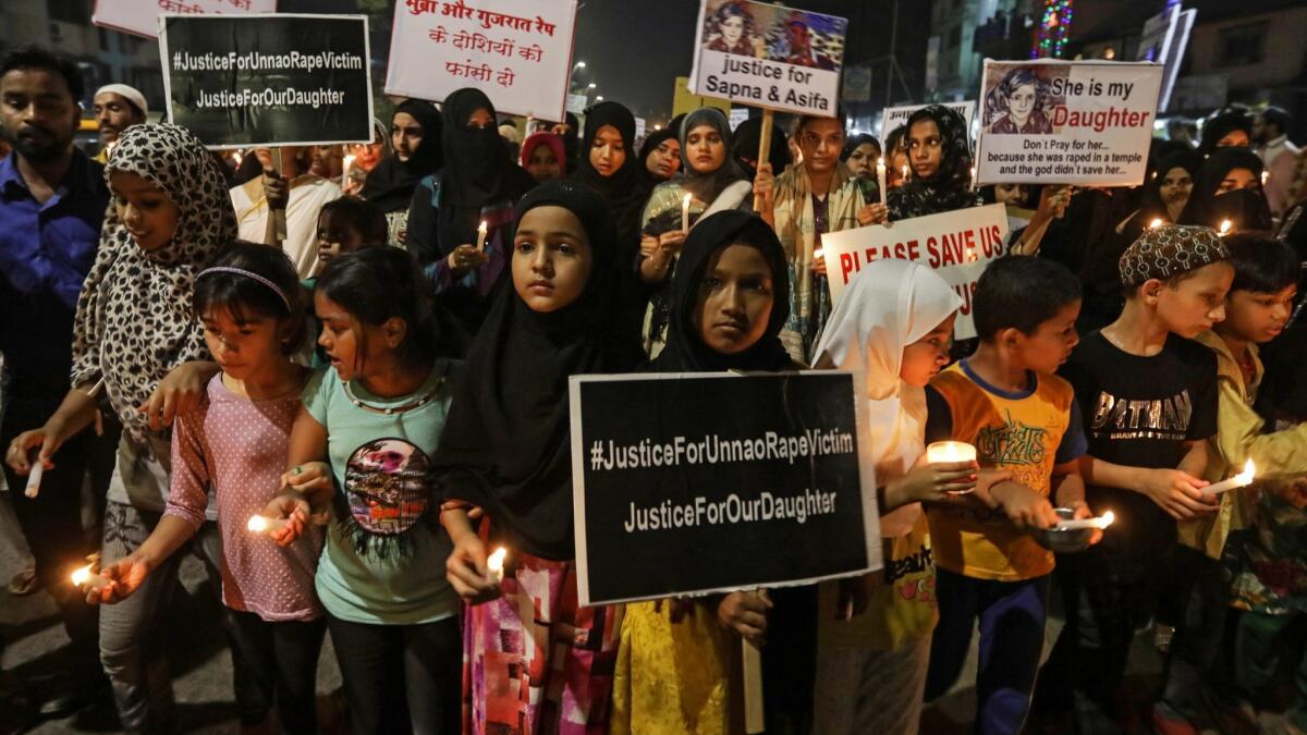 A protest march in Mumbai, India, in April 2018 demanded justice for rape victims.