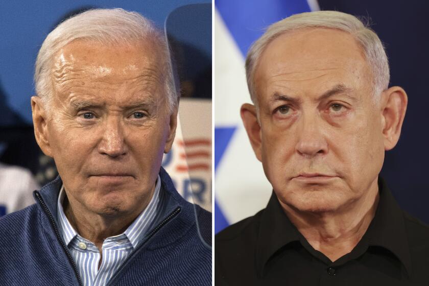 El presidente estadounidense Joe Biden, a la izquierda, el 8 de marzo de 2024 en Wallingford, Pensilvania, y el primer ministro israelí Benjamin Netanyahu en Tel Aviv, Israel, el 28 de octubre de 2023. (Foto AP)