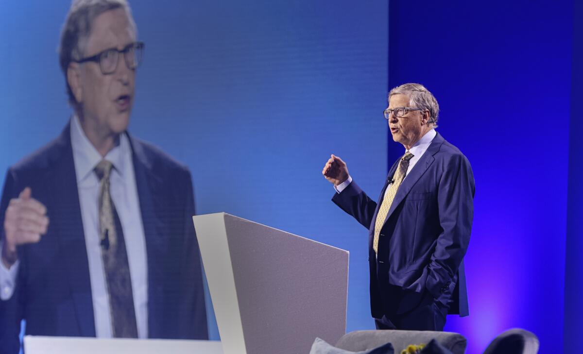 Bill Gates speaks at the Illumina Genomics Forum at Manchester Grand Hyatt on Friday.