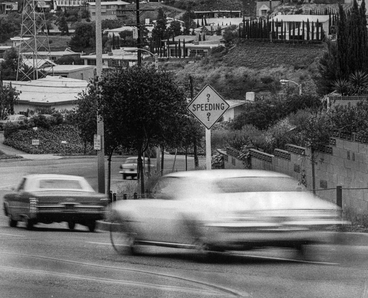 April 11, 1972: New speeding sign in Laurel Canyon on Laurel Canyon Boulevard north of Mulholland Drive.